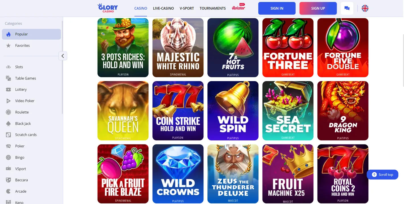 Glory Casino games